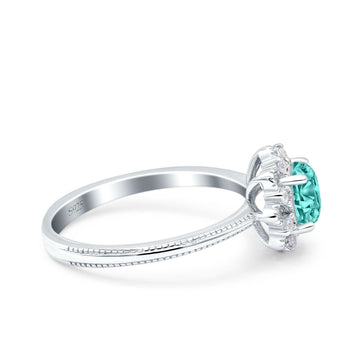 Halo Floral Style Art Deco Round Wedding Engagement Ring Simulated Paraiba Tourmaline CZ 925 Sterling Silver